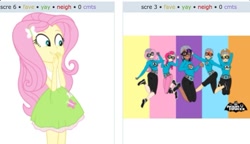 Size: 959x553 | Tagged: safe, derpibooru import, screencap, fluttershy, pegasus, pony, aquabats, derpibooru, exploitable meme, juxtaposition, juxtaposition win, meme