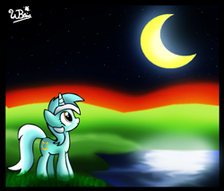 Size: 883x753 | Tagged: safe, artist:neoncabaret, lyra heartstrings, crescent moon, hill, lake, moon, night, solo, twilight (astronomy)