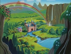 Size: 710x540 | Tagged: safe, derpibooru import, screencap, escape from catrina, g1, beautiful, castle, dream castle, dream valley, rainbow, river, scenery, valley, waterfall