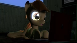 Size: 1366x768 | Tagged: safe, artist:legoguy9875, derpibooru import, button mash, earth pony, pony, 3d, blank flank, colt, computer, foal, gmod, hat, hooves, male, prone, propeller hat, solo