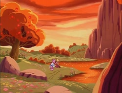 Size: 710x540 | Tagged: safe, derpibooru import, screencap, megan williams, sundance, human, pony, escape from catrina, g1, beautiful, dream valley, river, scenery, sunset, tree