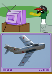 Size: 564x800 | Tagged: safe, duck, exploitable meme, fighter, jet, jet fighter, mig-15, op is a cuck, plane, tv meme, vulgar