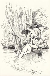 Size: 1573x2389 | Tagged: safe, artist:mcstalins, derpibooru import, apple bloom, fishing, gramophone, monochrome, solo, traditional art, water