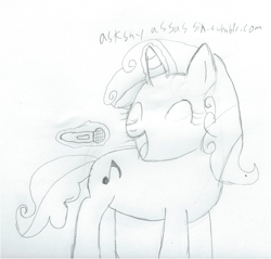 Size: 1466x1403 | Tagged: safe, artist:2shyshy, derpibooru import, sweetie belle, 30 minute art challenge, magic, microphone, monochrome, older, singing, solo, traditional art