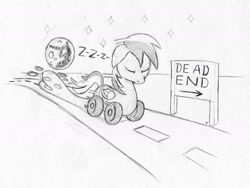Size: 1611x1209 | Tagged: safe, artist:php87, derpibooru import, oc, oc only, oc:wheely bopper, original species, pegasus, dead end, grayscale, highway, mare in the moon, monochrome, moon, road, sign, sketch, sleeping, sleepwalking, solo, sound effects, stars, this will end in tears, traditional art, wheelpone, zzz
