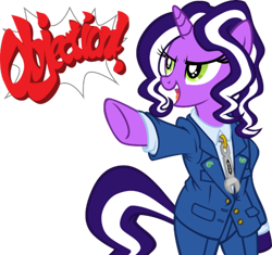 Size: 500x470 | Tagged: safe, artist:tygerbug, oc, oc only, oc:purple tinker, pony, semi-anthro, unicorn, ace attorney, bipedal, clothes, female, mare, objection, phoenix wright, reaction image, simple background, solo, transparent background