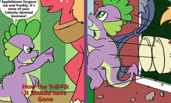 Size: 1000x600 | Tagged: safe, artist:cobramcjingleballs, derpibooru import, big macintosh, spike, dragon, earth pony, pony, comic:dragon you over, comic, defenestration, kick the son of a bitch, male, stallion