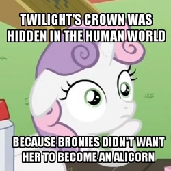 Size: 500x500 | Tagged: safe, derpibooru import, edit, edited screencap, screencap, sweetie belle, pony, unicorn, ponyville confidential, alicorn drama, drama, equestria girls drama, female, filly, horn, image macro, meme, solo, sudden clarity sweetie belle, text, two toned mane, white coat, wide eyes