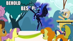 Size: 960x540 | Tagged: safe, derpibooru import, edit, edited screencap, screencap, caramel, carrot top, golden harvest, lemon hearts, mayor mare, nightmare moon, parasol, the last roundup, behold, best pony