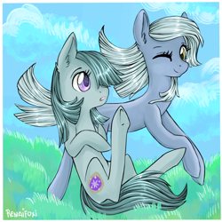 Size: 1100x1100 | Tagged: safe, artist:renaifoxi, derpibooru import, limestone pie, marble pie, earth pony, pony, duo, female, mare, sisters