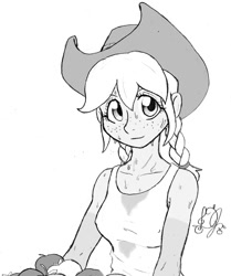 Size: 1251x1500 | Tagged: safe, artist:dj-black-n-white, derpibooru import, oc, oc only, oc:cinnamon cider, satyr, apple, clothes, freckles, hat, monochrome, parent:applejack, pigtails, solo, sweat, tan lines, tanktop