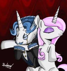 Size: 2333x2488 | Tagged: safe, artist:berlioz-ii, derpibooru import, fancypants, fleur-de-lis, unicorn, blushing, fancyfleur, female, kissing, male, parody, shipping, straight, the addams family