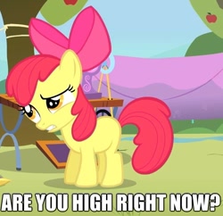 Size: 555x537 | Tagged: safe, derpibooru import, edit, edited screencap, screencap, apple bloom, the show stoppers, cropped, drugs, high, image macro, solo