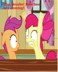 Size: 952x1184 | Tagged: safe, derpibooru import, edit, edited screencap, screencap, apple bloom, scootaloo, hearts and hooves day (episode), angry beavers, clubhouse, cropped, crusaders clubhouse, duo, floppy ears, hearts and hooves day, parody, wrong aspect ratio