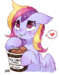 Size: 770x965 | Tagged: safe, artist:suikuzu, derpibooru import, oc, oc only, pegasus, pony, comfort eating, crying, eating, food, heart, ice cream, looking up, pictogram, sad, solo, spoon