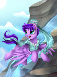 Size: 1976x2655 | Tagged: safe, artist:pridark, oc, oc only, pegasus, pony, clothes, flying, solo, waterfall