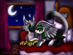 Size: 2000x1500 | Tagged: safe, artist:blooroo, derpibooru import, oc, oc only, oc:spinton nocturne, oc:trance sequence, griffon, bed, moon, night, nuzzling