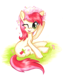 Size: 3104x3824 | Tagged: safe, artist:malwinahalfmoon, derpibooru import, roseluck, earth pony, pony, crown, cute, featured on derpibooru, flower, flower in hair, fluffy, looking at you, open mouth, sitting, smiling, solo, traditional art, wink