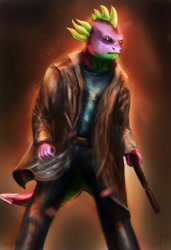 Size: 800x1167 | Tagged: safe, artist:lizardeng, spike, anthro, dragon, gun, male