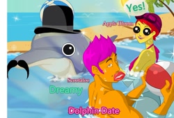 Size: 610x415 | Tagged: safe, derpibooru import, dolphin, ball, beach, clothes, date, hat, lips, moustache, ocean, sand, speech bubble, swimming, swimsuit, wat, water, wtf