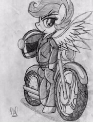 Size: 2526x3300 | Tagged: safe, artist:drawponies, derpibooru import, scootaloo, pony, bipedal, grayscale, helmet, monochrome, motorcycle, solo, traditional art