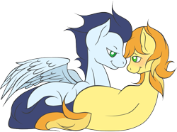 Size: 737x549 | Tagged: safe, artist:legalese, derpibooru import, braeburn, soarin', earth pony, pegasus, pony, blushing, cute, eye contact, gay, lying down, male, shipping, soarburn, stallion