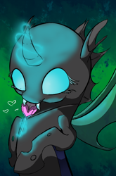 Size: 524x795 | Tagged: safe, artist:moonsharddragon, derpibooru import, changeling, cute, cuteling, eating, heart, nom, solo