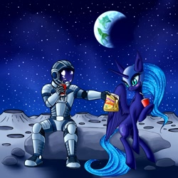 Size: 1200x1200 | Tagged: safe, artist:asimos, nightmare moon, human, astronaut, cookie, earth, moon, starry night