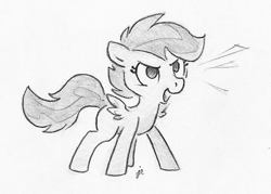 Size: 705x504 | Tagged: safe, artist:swiftcutter, derpibooru import, scootaloo, monochrome, solo