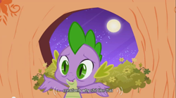 Size: 640x355 | Tagged: safe, derpibooru import, screencap, spike, dragon, moon, vulgar, youtube caption