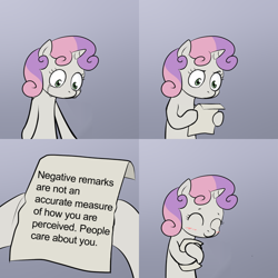 Size: 600x600 | Tagged: safe, artist:lemondevil, derpibooru import, sweetie belle, pony, unicorn, bipedal, blushing, comic, crying, exploitable meme, female, filly, gradient background, happy, hoof hold, horn, hug, letter, meme, note, paper, solo, sweetie hugs a note, sweetie's note meme, truth, two toned hair, white coat