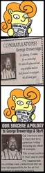 Size: 473x1828 | Tagged: safe, artist:muffinexplosion, derpibooru import, carrot top, golden harvest, earth pony, human, pony, comic, exploitable meme, fail, female, frown, hoof hold, innuendo, irl, irl human, male, mare, meme, newspaper, newspaper meme, photo, simple background, smiling