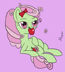 Size: 1227x1360 | Tagged: safe, artist:alorpax, florina tart, 30 minute art challenge, apple, apple family member, pink background, simple background