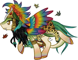 Size: 480x372 | Tagged: safe, artist:kiaralime, derpibooru import, oc, oc only, pegasus, pony, aztec, fangs, ponified, quetzalcoatl, raised hoof, raised leg, smiling, solo