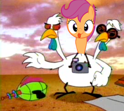 Size: 428x385 | Tagged: safe, derpibooru import, edit, scootaloo, chicken, camera, cartoon network, courage the cowardly dog, crossover, glasses, multiple heads, scootachicken