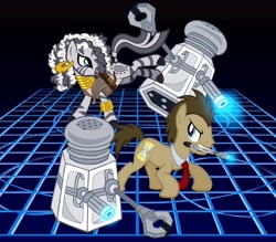 Size: 6864x6000 | Tagged: safe, artist:tygerbug, derpibooru import, doctor whooves, zecora, zebra, absurd resolution, crossover, dalek, doctor who, ponified, river song, salt shaker, sonic screwdriver