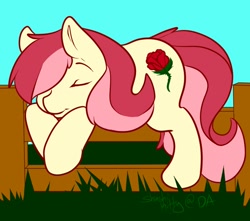 Size: 1000x885 | Tagged: safe, artist:shushikitty, roseluck, earth pony, pony, 30 minute art challenge, eyes closed, female, fence, grass, lying, mare, outdoors, signature, sky, sleeping, solo