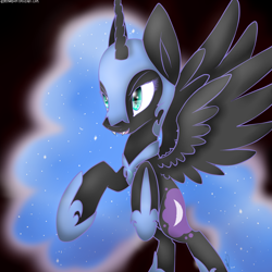 Size: 2300x2300 | Tagged: safe, artist:meotashie, derpibooru import, nightmare moon, alicorn, black coat, female, horn, mare, simple background, solo