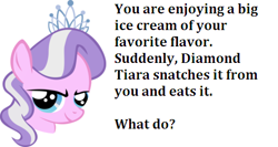 Size: 469x250 | Tagged: safe, derpibooru import, diamond tiara, bronybait, grin, ice cream, meme, solo, text, what do