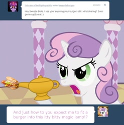 Size: 763x773 | Tagged: safe, sweetie belle, burger, food, hamburger, lamp, magic lamp, sweetieburger