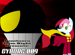 Size: 1300x950 | Tagged: safe, artist:daisyhead, oc, oc only, oc:flicker, black ghost, cyborg 009, ponibooru film night