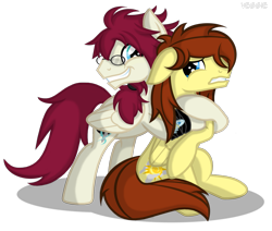 Size: 1515x1284 | Tagged: safe, artist:veggie55, oc, oc only, oc:leon windsong, oc:vento, pegasus, pony, hug, sitting, wristband