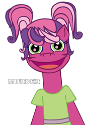 Size: 743x1076 | Tagged: safe, derpibooru import, cheerilee (g3), g3.5, creepy, image macro, looking at you, murder, one word, open mouth, simple background, smiling, solo, transparent background