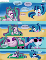 Size: 2416x3144 | Tagged: safe, artist:queentigrel, aria blaze, sonata dusk, equestria girls, :i, ariabetes, beach, bikini, clothes, cute, strappy bikini, sunglasses, swimsuit