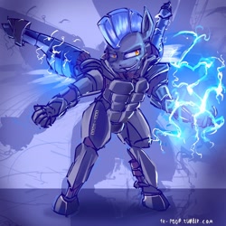 Size: 1280x1280 | Tagged: safe, artist:alumx, derpibooru import, thunderlane, pegasus, pony, bipedal, lightning, mecha, solo