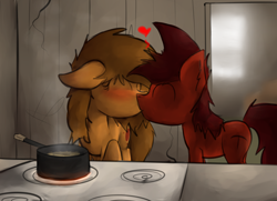Size: 1280x927 | Tagged: safe, artist:marsminer, oc, oc only, oc:mars miner, oc:venus spring, earth pony, pony, unicorn, blushing, cooking, cute, ear fluff, eyes closed, female, floppy ears, happy, heart, i can't believe it's not rape, kissing, kitchen, male, mare, marspring, ocbetes, pot, raised hoof, shipping, smiling, stallion, stove, straight, venus spring actually having a pretty good time