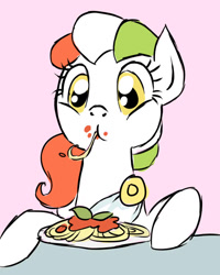 Size: 600x750 | Tagged: safe, artist:boosy, oc, oc:princess stivalia, earth pony, pony, 4chan, clothes, eating, food, italian, italy, messy eating, nation ponies, ponified, princess, spaghetti, toga, venerday