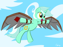 Size: 2592x1936 | Tagged: safe, artist:thebrokencog, lyra heartstrings, pony, unicorn, flying, gliding, sky, smiling, solo, wings