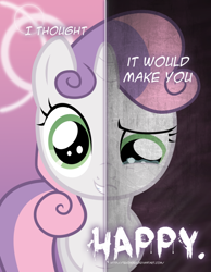 Size: 600x773 | Tagged: safe, artist:tehjadeh, derpibooru import, sweetie belle, cute, diasweetes, dual persona, solo, two sided posters