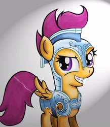 Size: 2000x2300 | Tagged: safe, artist:scooterloo, derpibooru import, scootaloo, pegasus, pony, armor, crystal guard armor, female, filly, smiling, solo